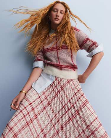 Ruby Check Pleat Maxi Skirt in WHITE/RED