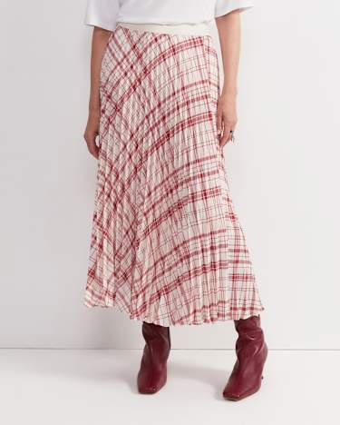Ruby Check Pleat Maxi Skirt in WHITE/RED