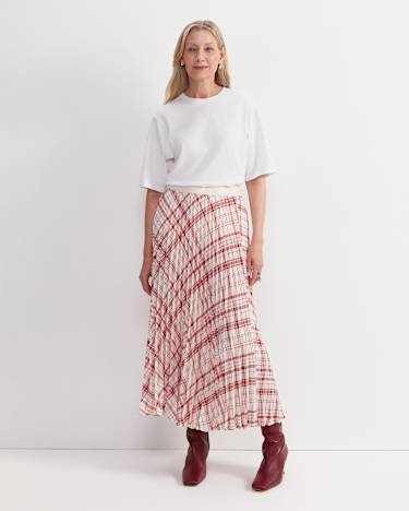 Ruby Check Pleat Maxi Skirt in WHITE/RED