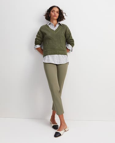 Cotton Crochet V-Neck Knit in KHAKI
