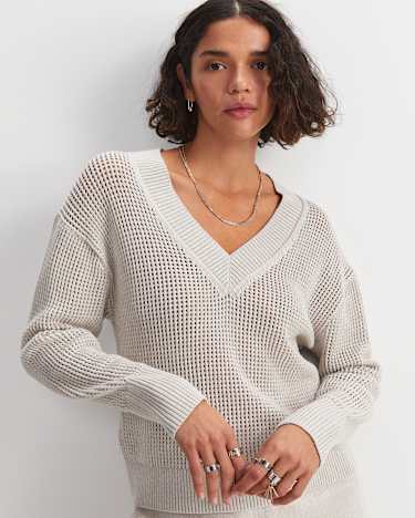 Cotton Crochet V-Neck Knit in STRING