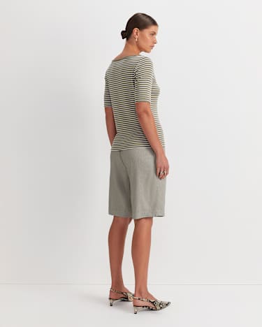 Heidi Boat Neck Half Sleeve Tee in KHAKI/WHITE