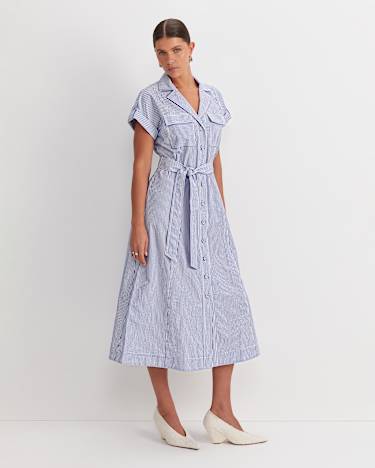 Nia Seersucker Midi Dress in BLUE/WHITE