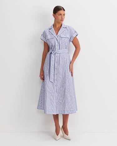 Nia Seersucker Midi Dress in BLUE/WHITE