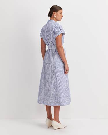 Nia Seersucker Midi Dress in BLUE/WHITE