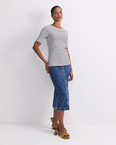 Heidi Boat Neck Half Sleeve Tee in WHITE/NAVY