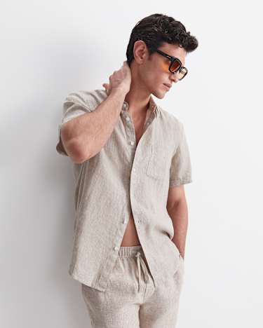 Short Sleeve Yarn-Dyed Linen Shirt in STRING