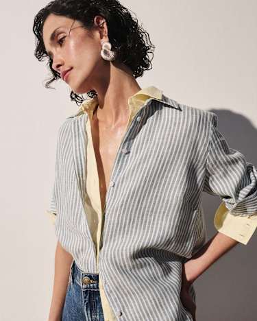 Dahlia Stripe Linen Shirt in WHITE/NAVY