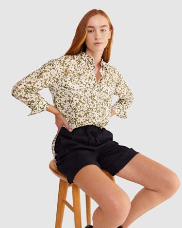 Floral Cotton Silk Shirt in KHAKI/IVORY