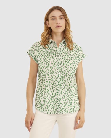 Dashing Short Sleeve Lily Voile Shirt in WHITE/GREEN