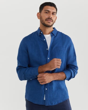 Yarn Dyed Linen Long Sleeve Shirt in INDIGO