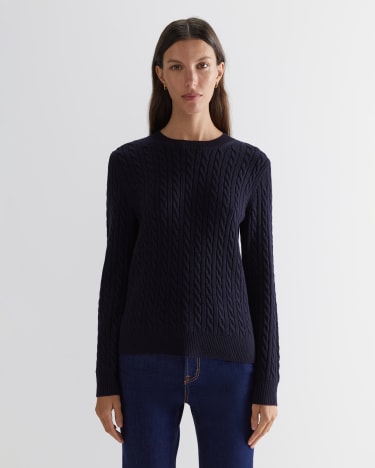 Merino Wool Baby Cable Sweater in NAVY