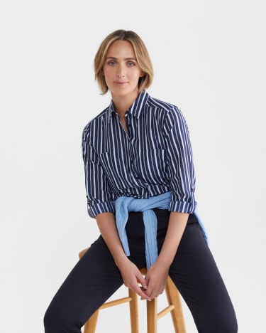 Stripe Cotton Silk Shirt in NAVY/WHITE