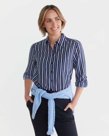 Stripe Cotton Silk Shirt in NAVY/WHITE
