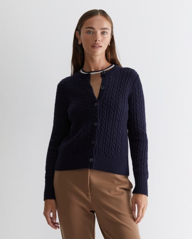 Cable Merino Cotton Cardigan in NAVY
