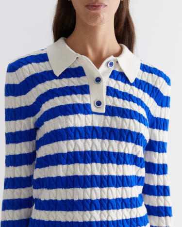 Merino Wool Baby Cable Polo in BLUE/WHITE