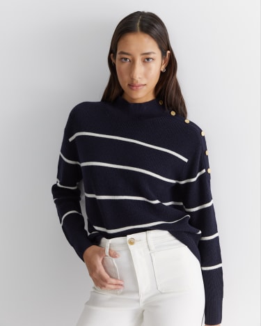 Merino Stripe Button Knit in NAVY/WHITE