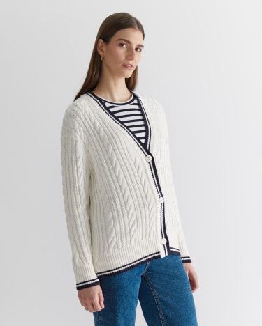 Elka Club Sport Cable Cardigan in CREAM/NAVY