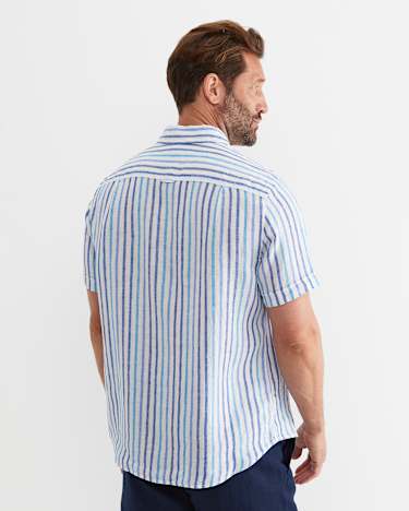 Fenton Short Sleeve Stripe Linen Shirt in BLUE MULTI