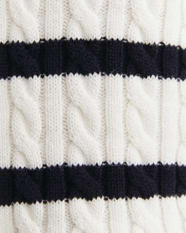 Cable Merino Cotton Cardigan in WHITE/NAVY