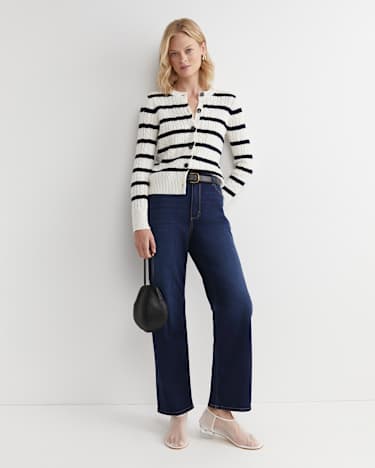 Cable Merino Cotton Cardigan in WHITE/NAVY