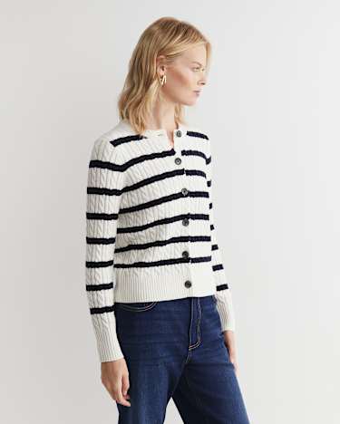 Cable Merino Cotton Cardigan in WHITE/NAVY