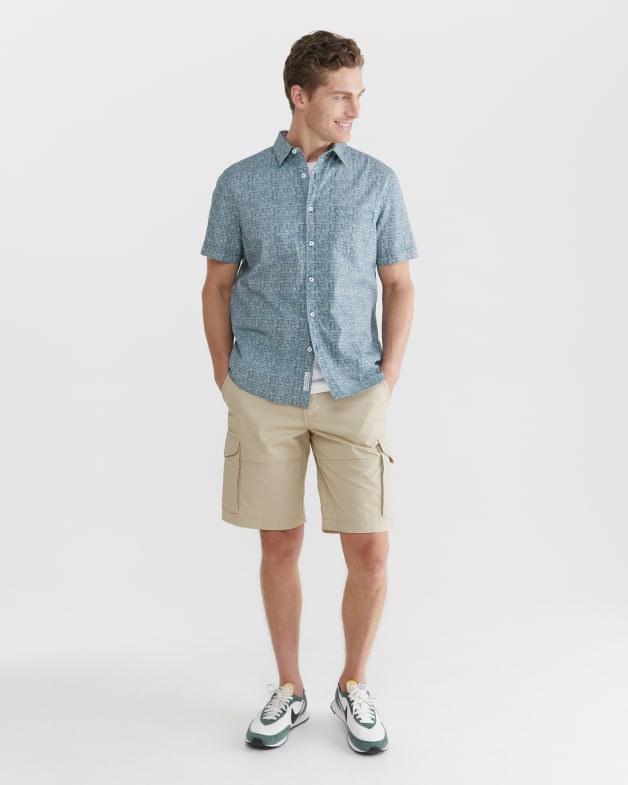Khaki shorts grey shirt outlet