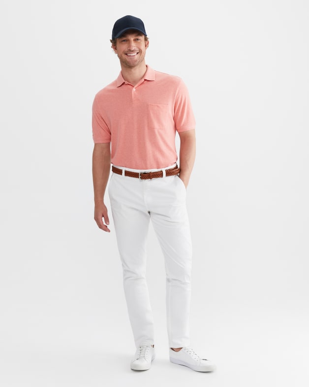 Salmon shirt top grey pants