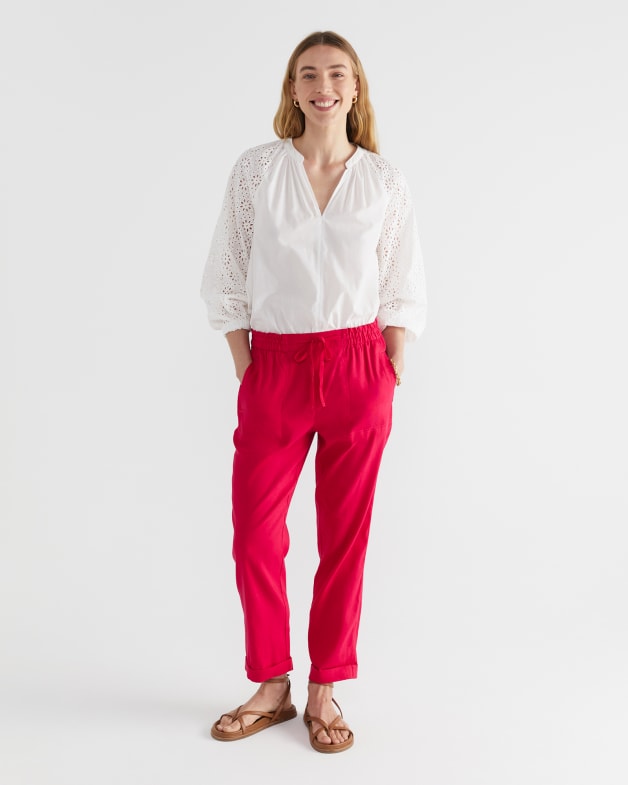 Red broderie linen trousers | River Island