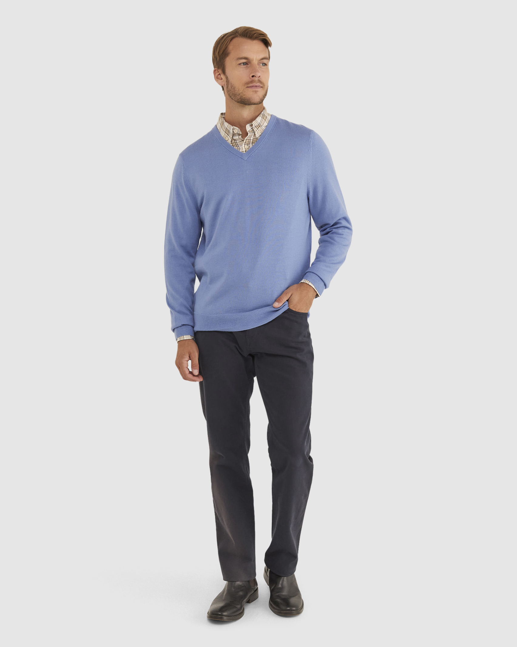 Merino V Neck Knit in SLATE BLUE