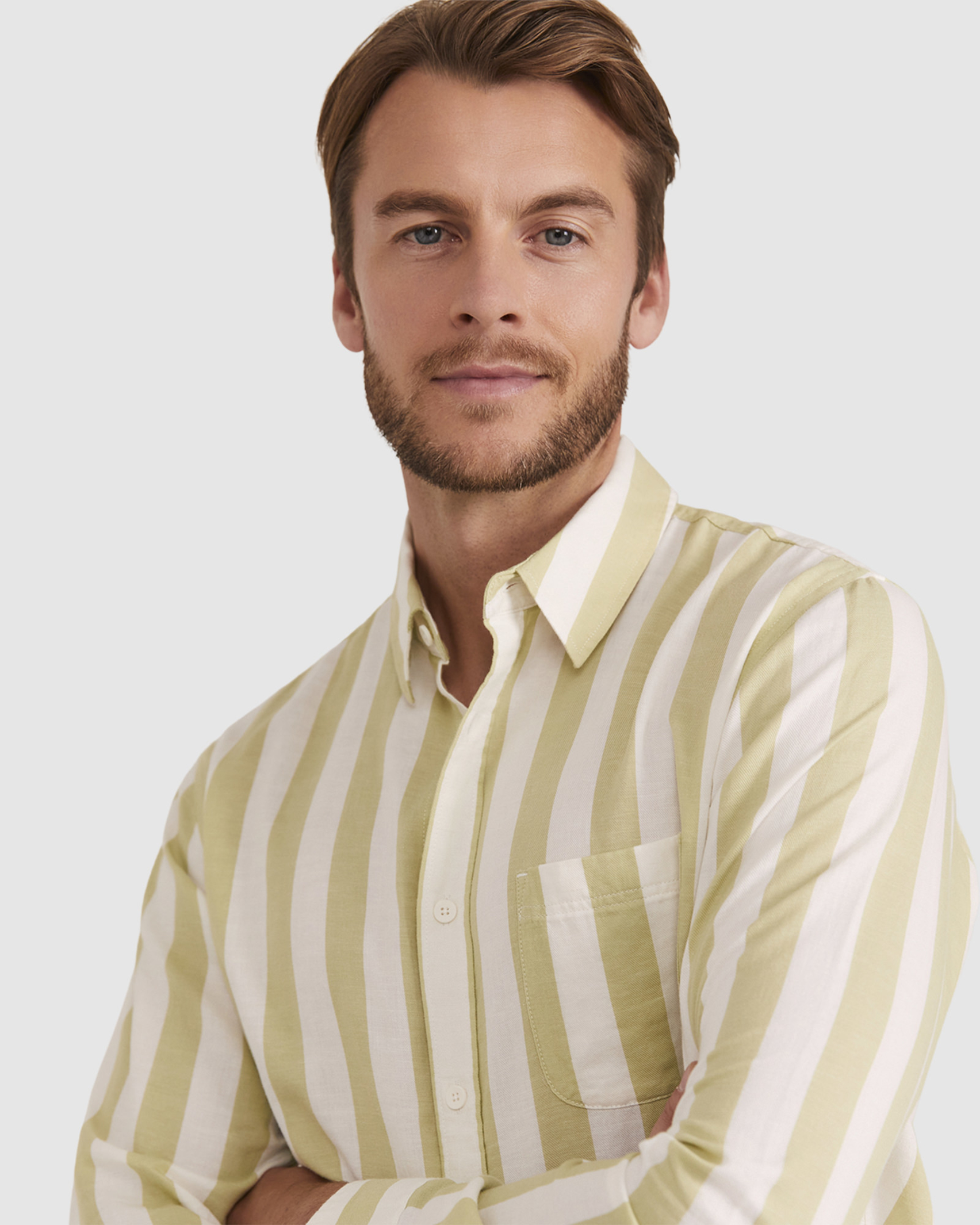 Peter Stripe Long Sleeve Shirt in LIGHT OLIVE