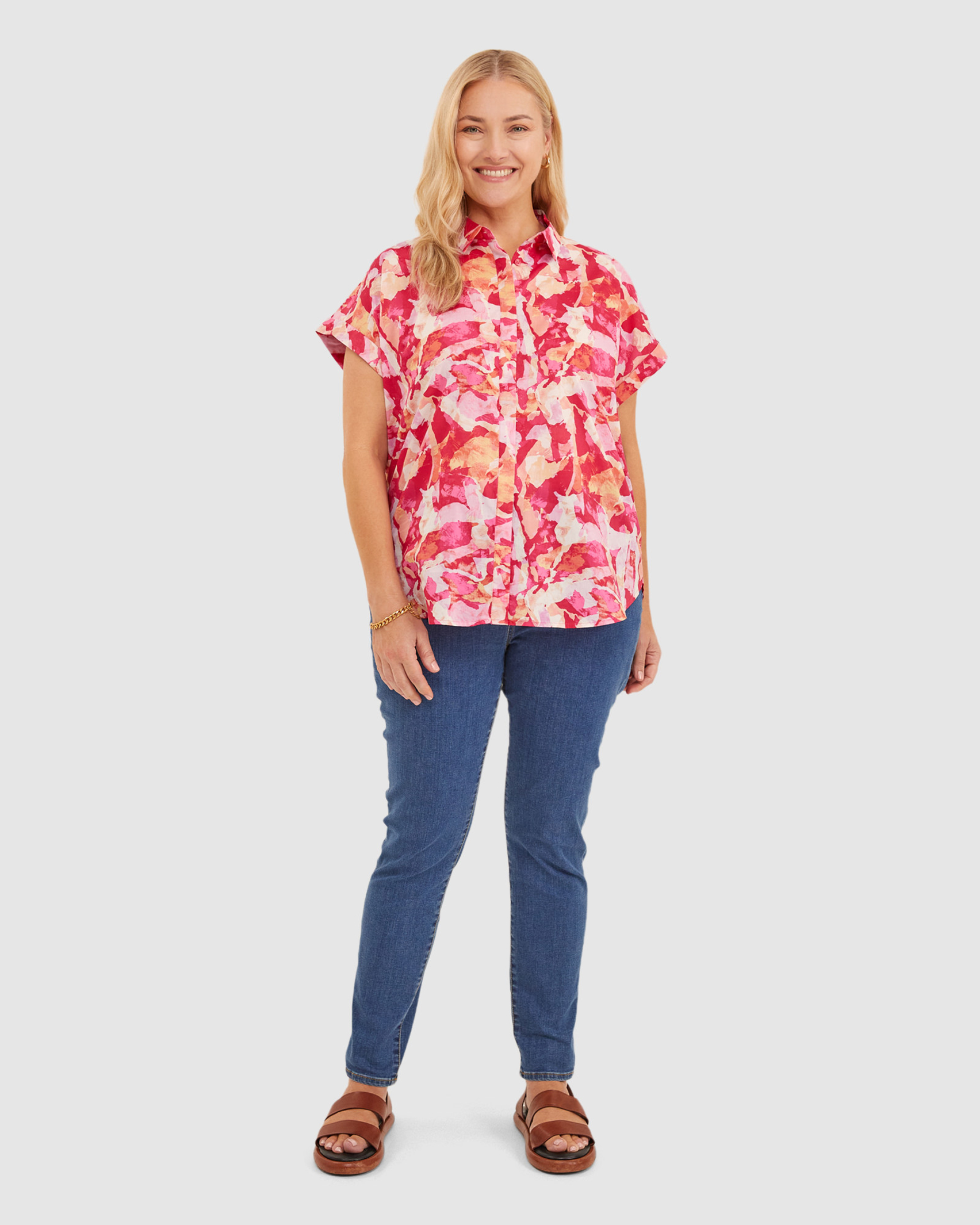 Cora Lily Voile Short Sleeve Shirt in MAGENTA