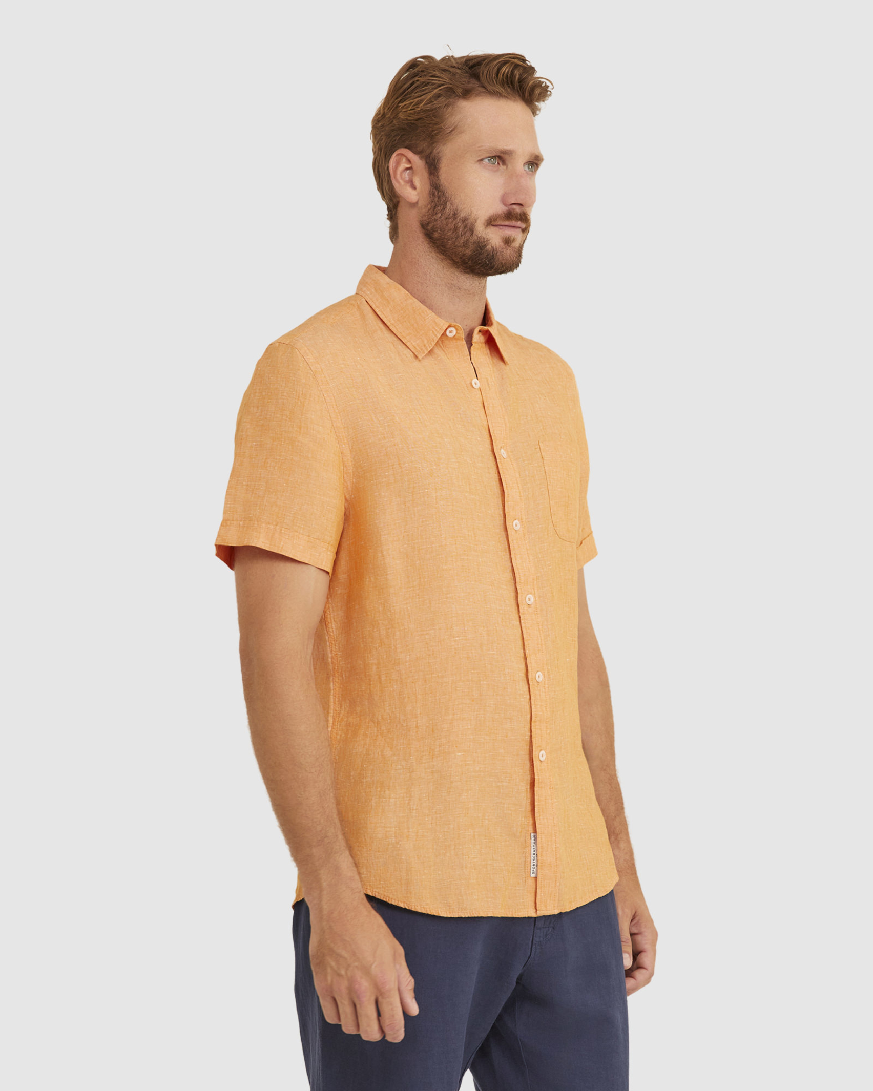 Yarn Dyed Linen Short Sleeve Shirt in MANDARIN