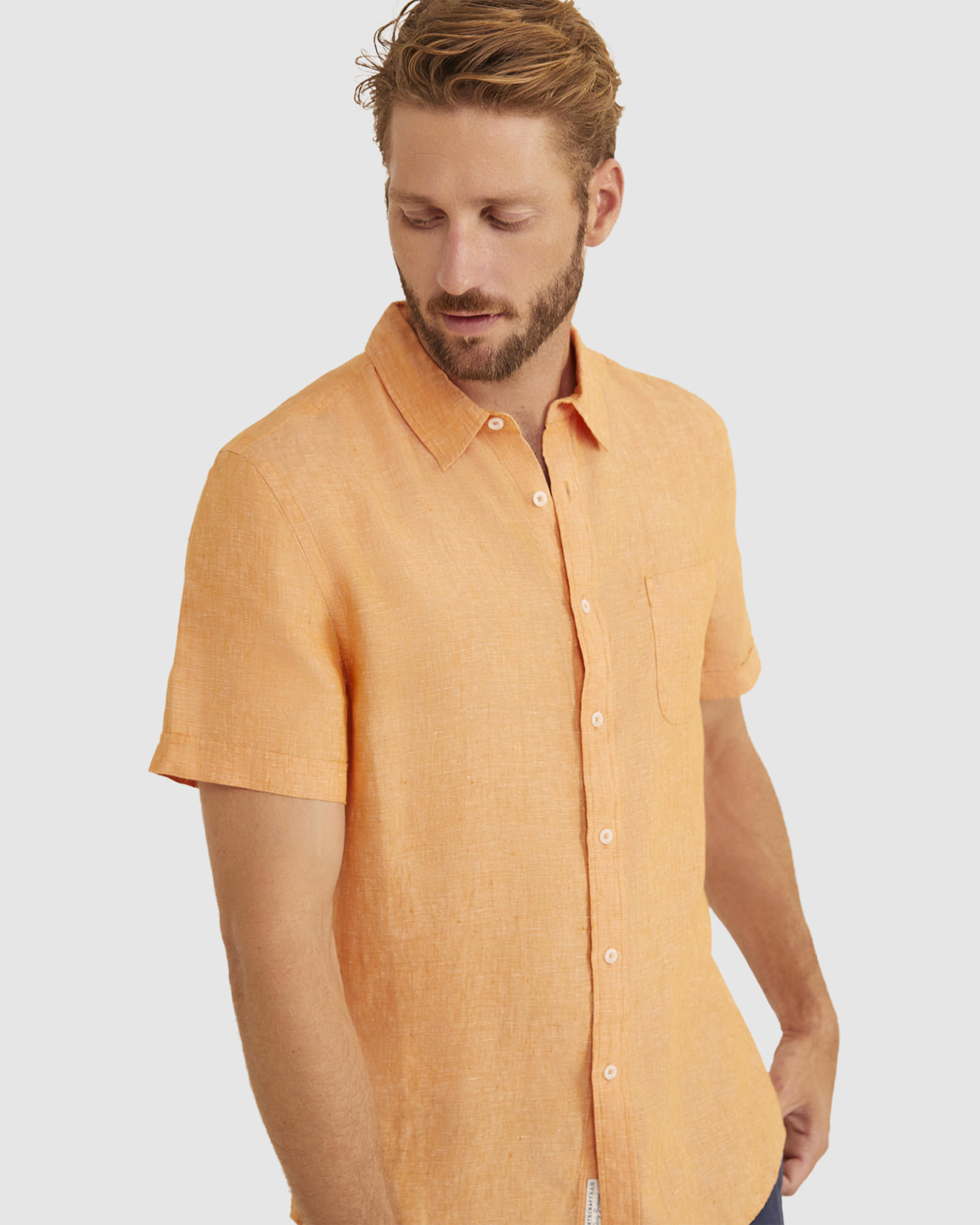 Yarn Dyed Linen Short Sleeve Shirt in MANDARIN