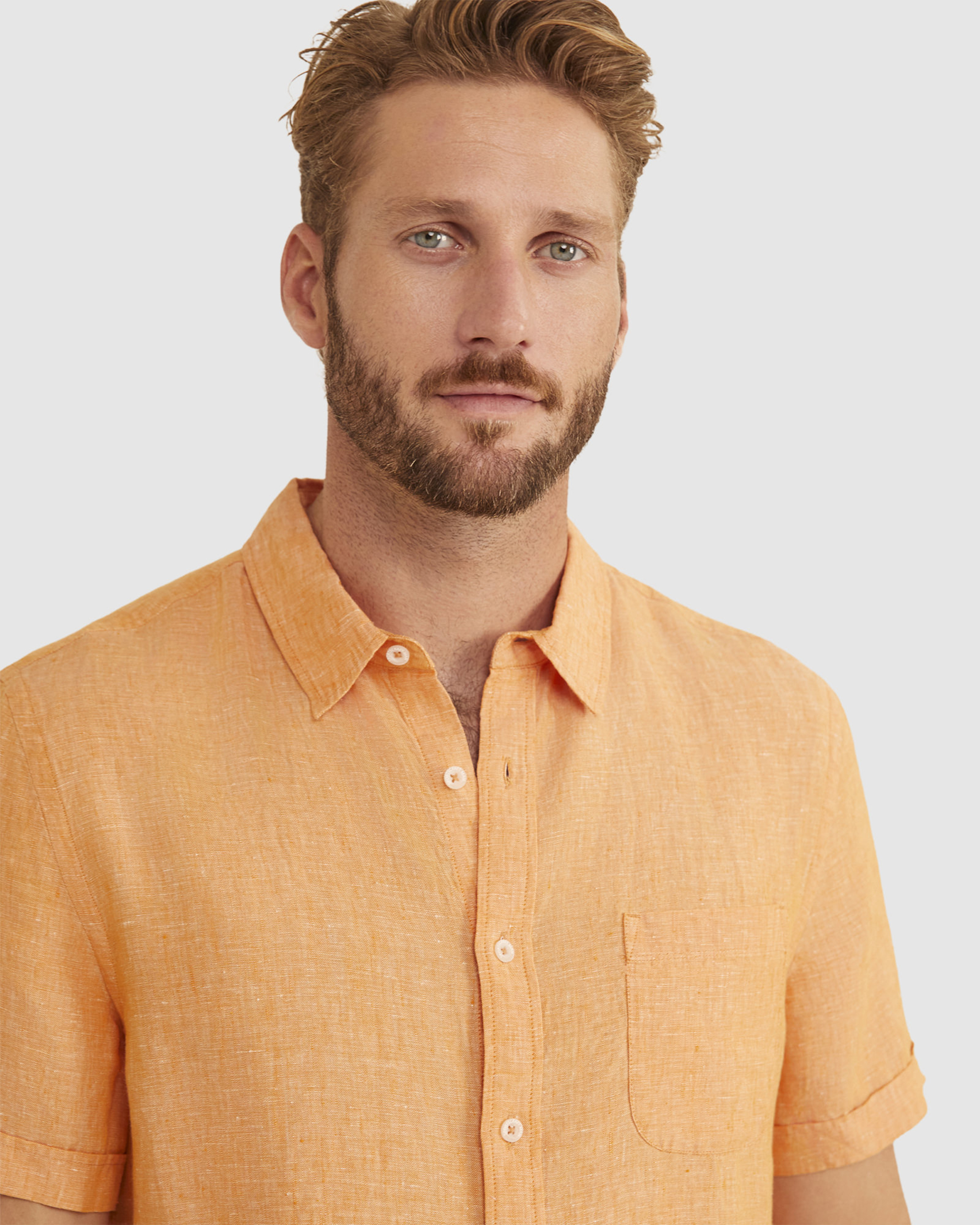 Yarn Dyed Linen Short Sleeve Shirt in MANDARIN