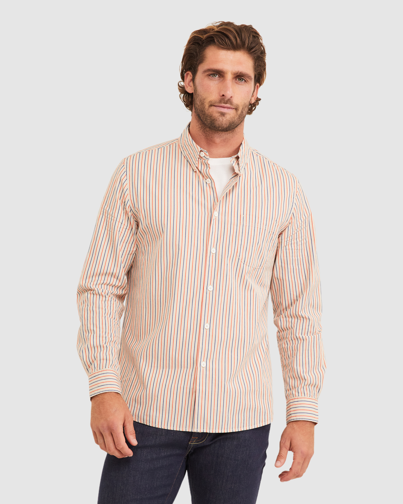 Bromwich Long Sleeve Regular Stripe Shirt in LATTE