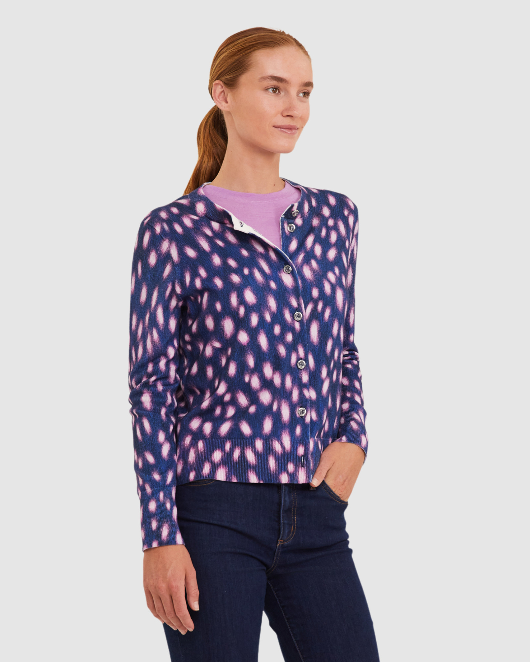 Pony Spot Cardigan in NAVY/LILAC