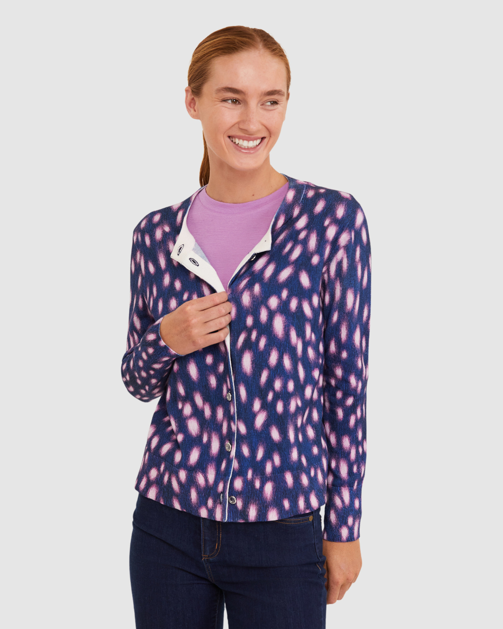 Pony Spot Cardigan in NAVY/LILAC