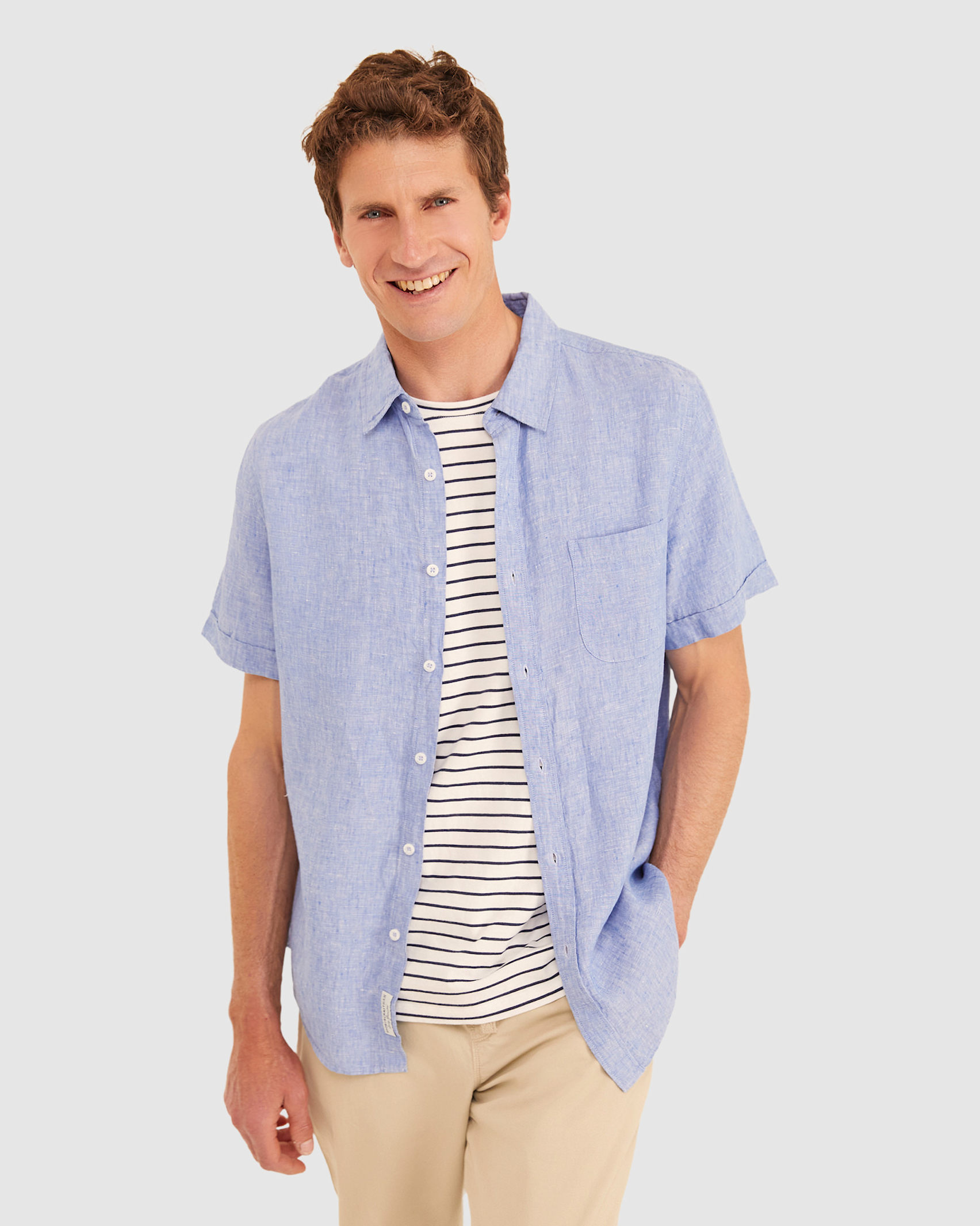 Yarn Dyed Linen Short Sleeve Shirt in CHAMBRAY