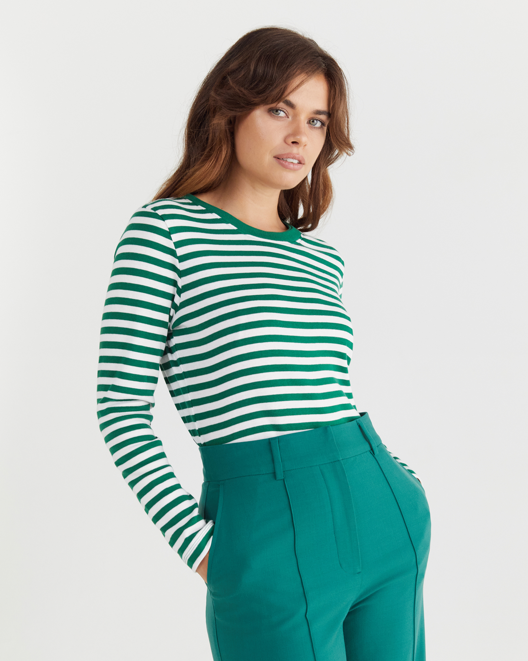 Heidi Long Sleeve Rib Tee in WHITE/GREEN