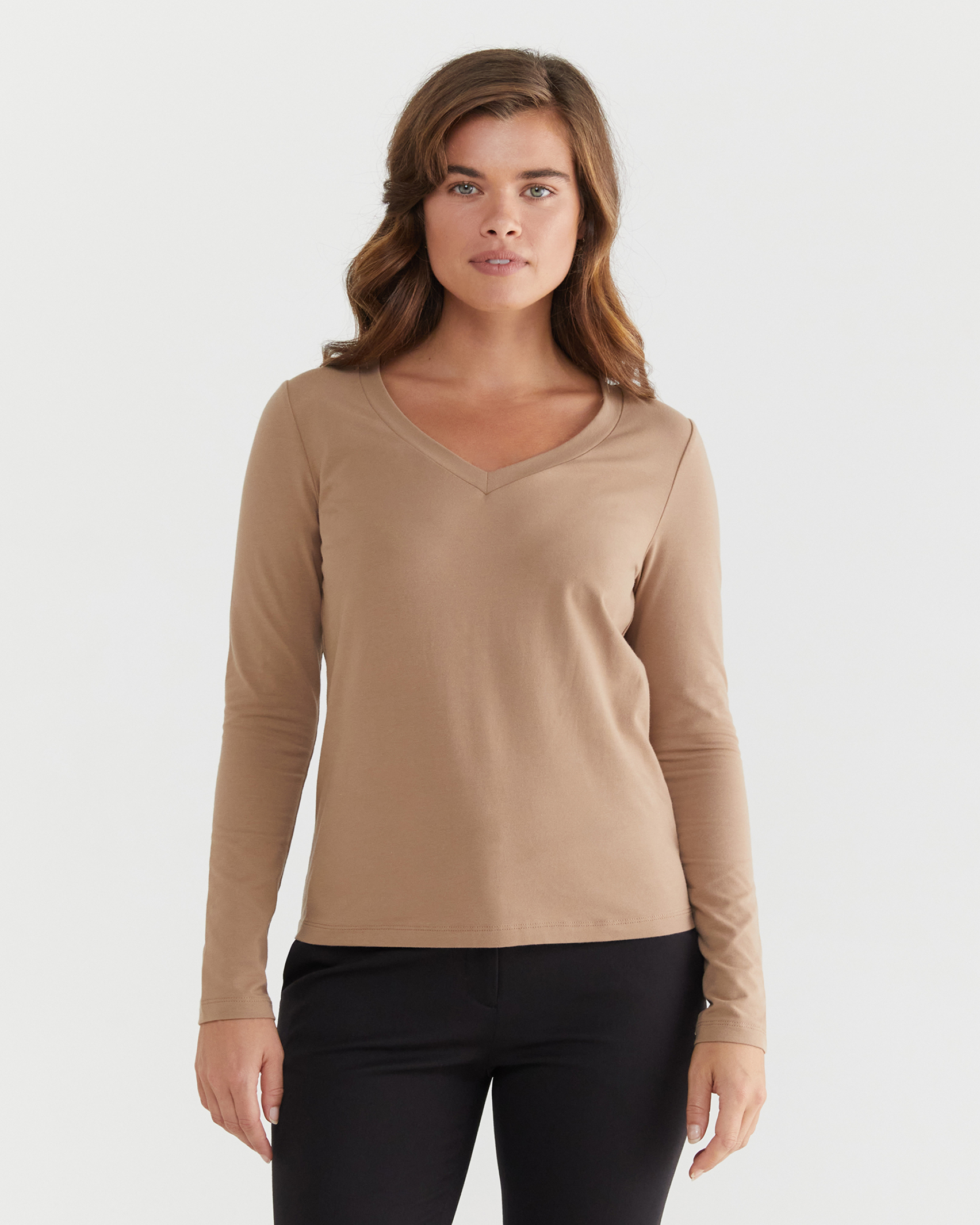 Perfect Organic V Neck Long Sleeve Tee in SAND
