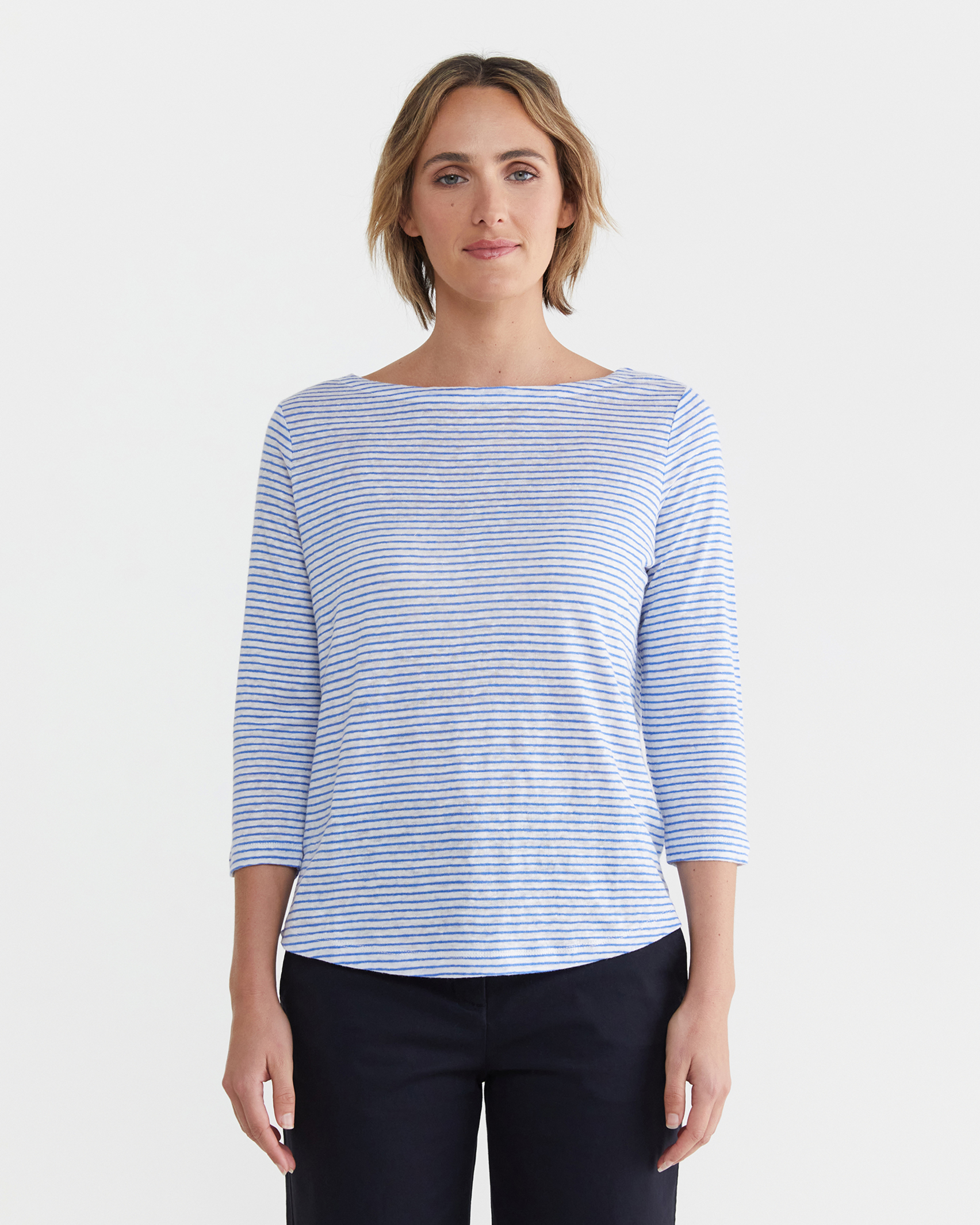 Cecile Linen Top in BLUE/WHITE