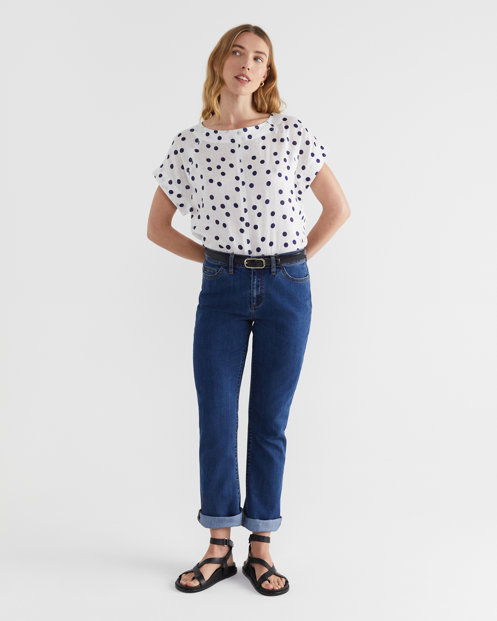 Allegra Spot Linen Top in NAVY/WHITE