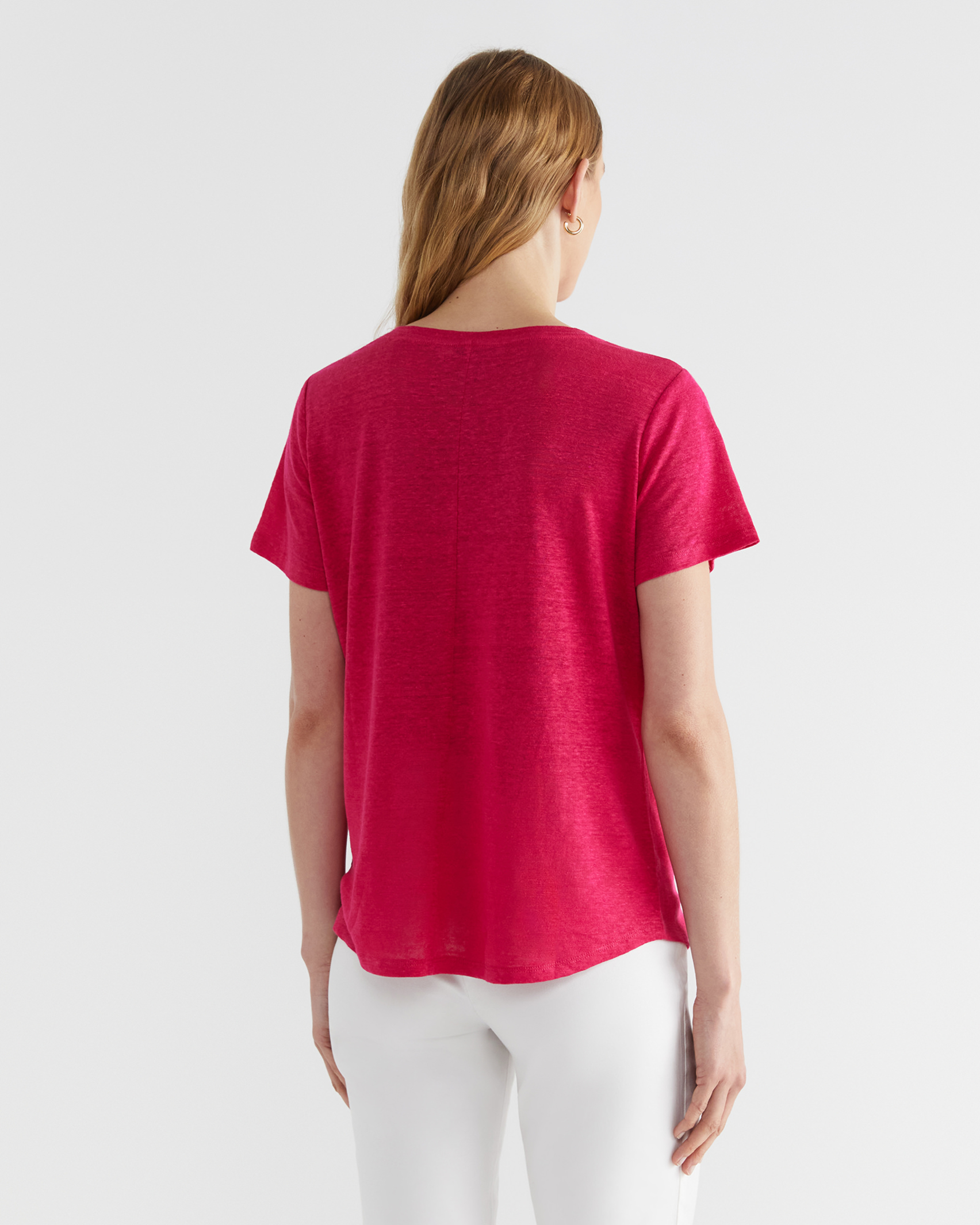 Tonia V Neck Linen Tee in BRIGHT PINK