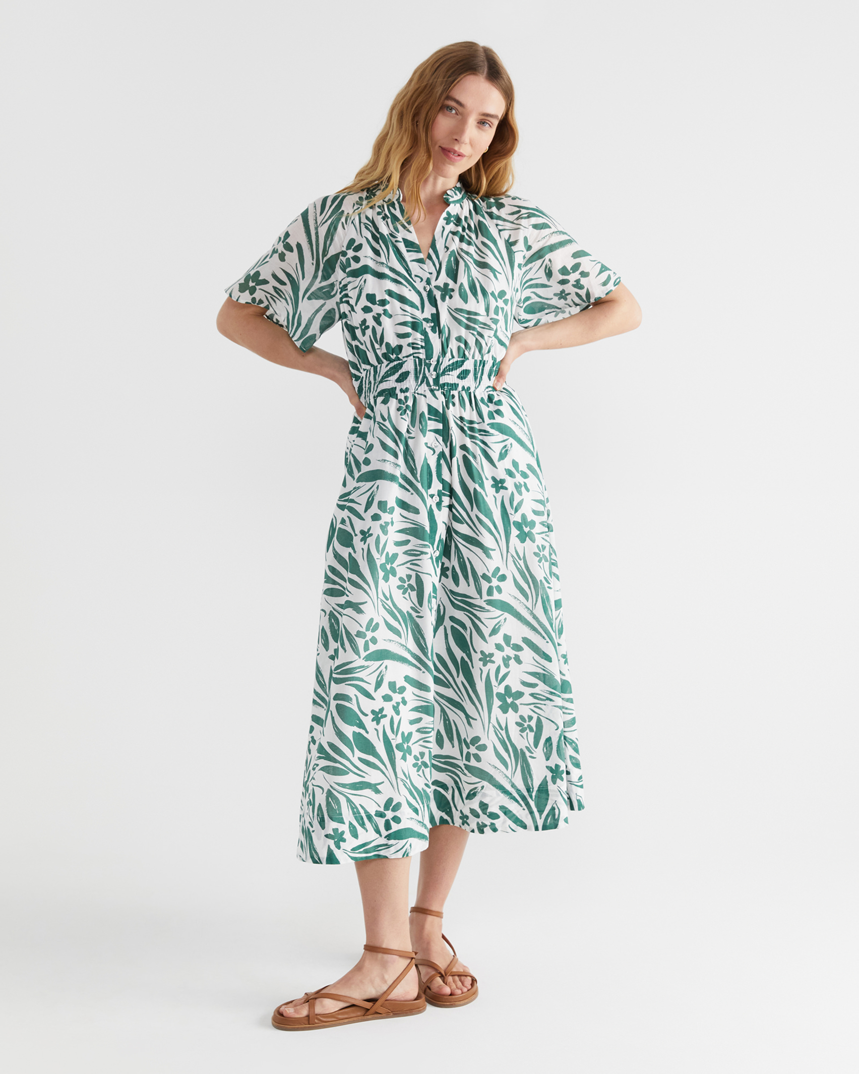 Farrah Cotton Voile Dress in WHITE/GREEN