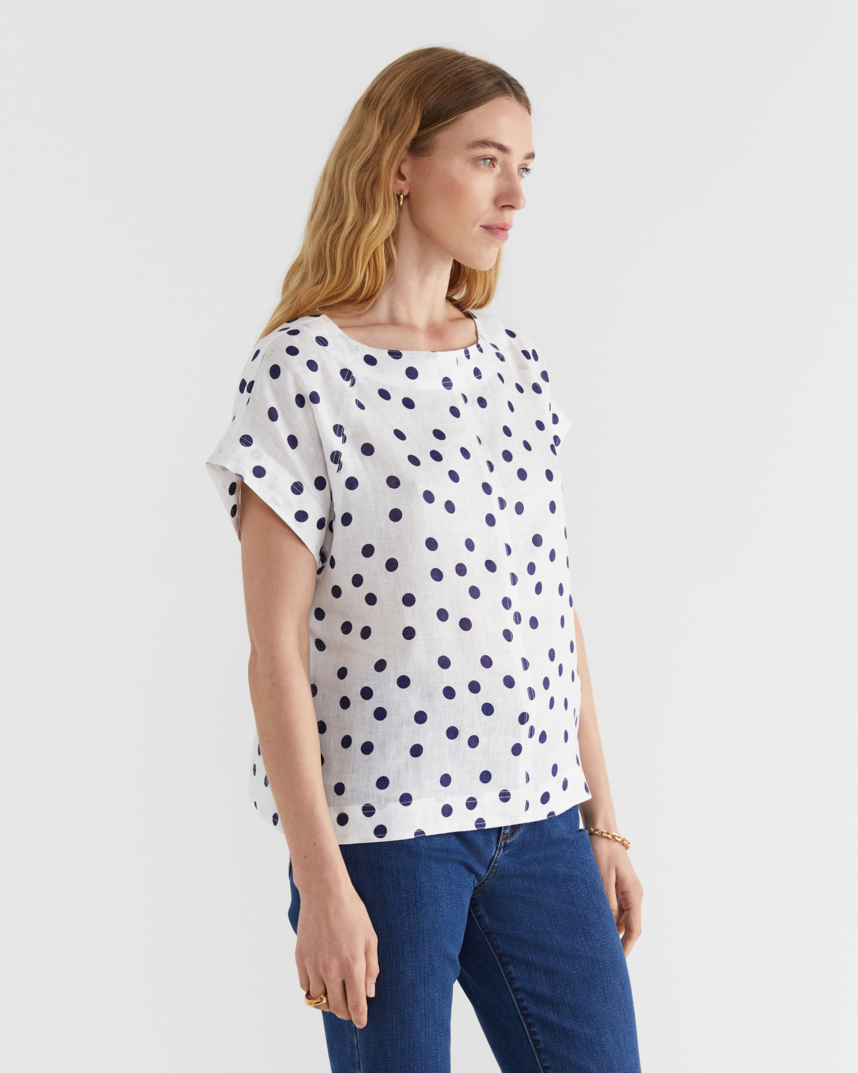Allegra Spot Linen Top in NAVY/WHITE