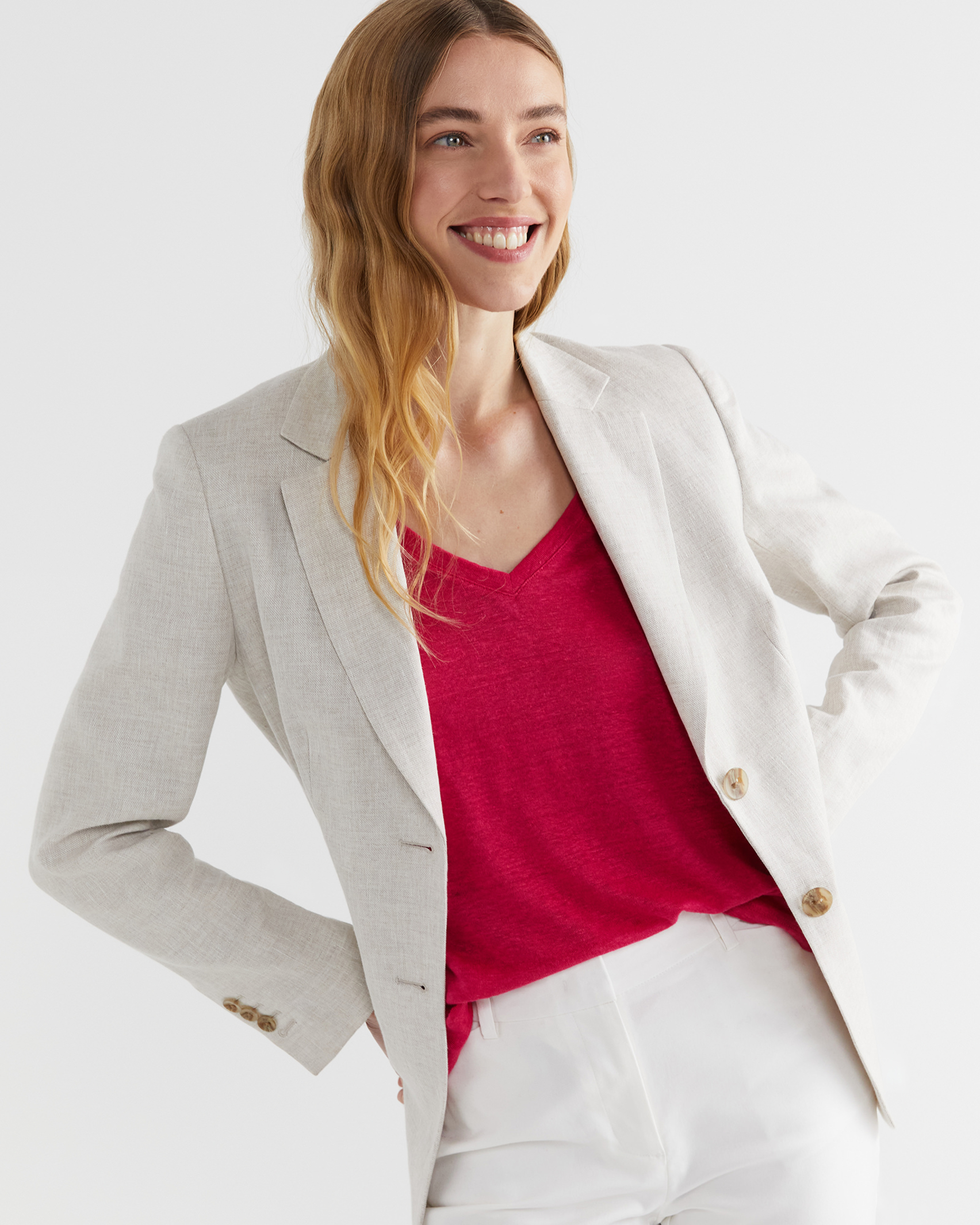 Tonia V Neck Linen Tee in BRIGHT PINK
