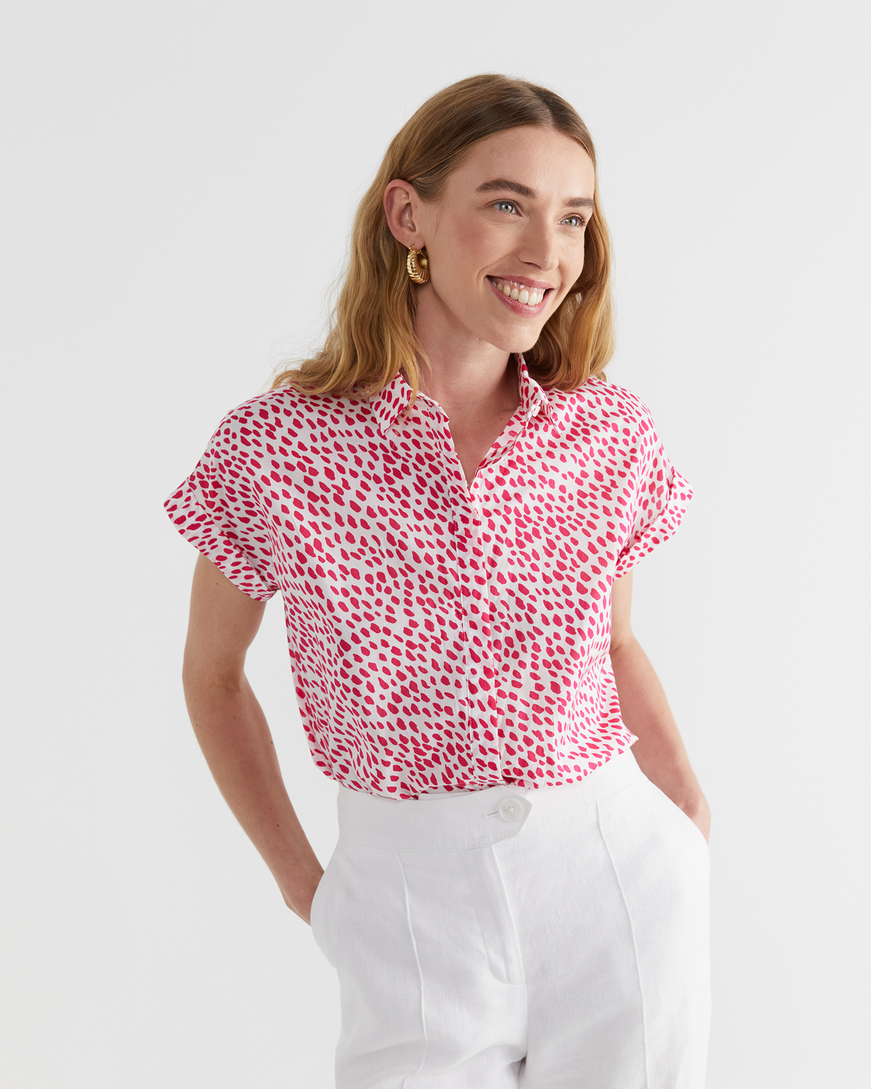 Dashed Lily Voile Short Sleeve Shirt in PINK/WHITE
