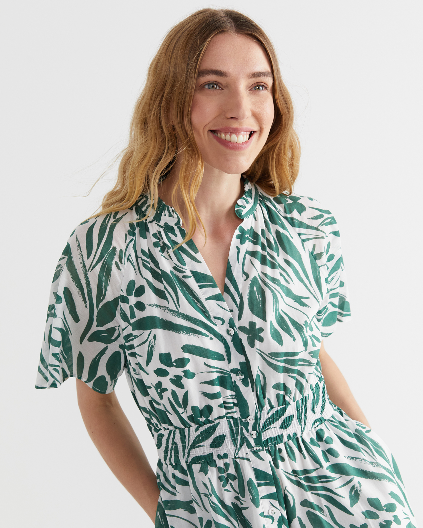 Farrah Cotton Voile Dress in WHITE/GREEN