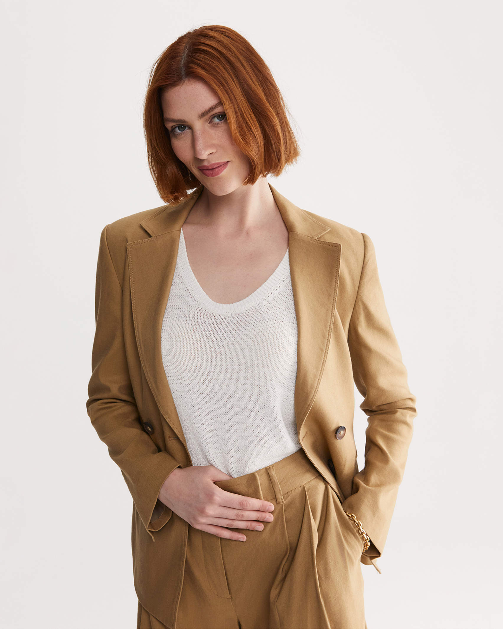 Rosa Double Breasted Blazer in TAN